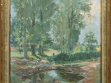 an oil painting of a river and trees in a wooded area