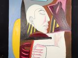 une peinture à l'huile représentant une femme avec un oiseau sur la tête