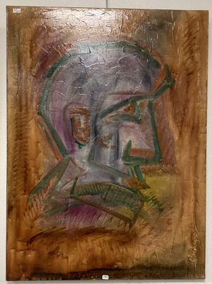 tableau représentant un homme portant un casque sur un fond marron