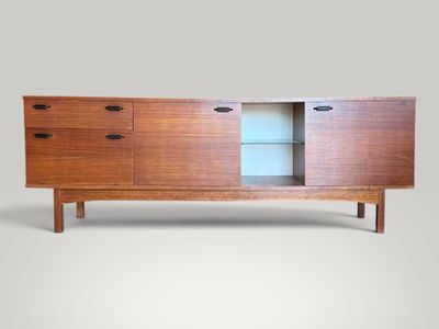 the sideboard is made of teak and has two doors and two drawers
