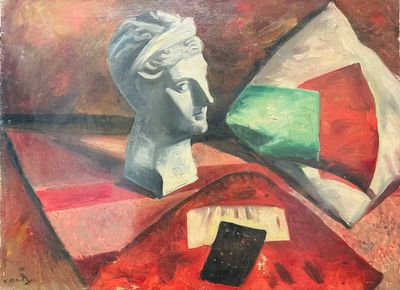 une peinture représentant une statue et un livre posés sur une table