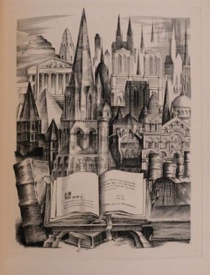 drawing of an open book on a table with a castle in the background