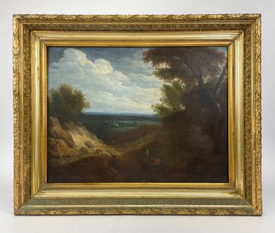 un tableau représentant un paysage avec une rivière au loin