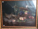 une photo d'un tableau représentant un oiseau et une corbeille de fruits posés sur une table