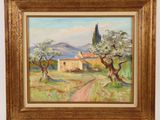 une peinture d'un paysage avec des arbres et une maison au loin