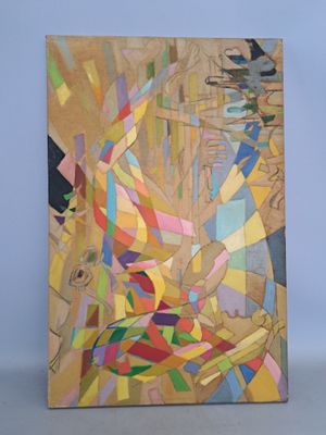 tableau représentant une femme vêtue d'une robe colorée sur un fond blanc