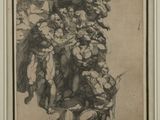 un vieux dessin représentant un groupe de personnes à cheval