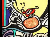 painting of a woman eating a donut in front of a mirror