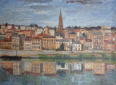 tableau représentant une vue de la ville depuis l'autre rive du fleuve