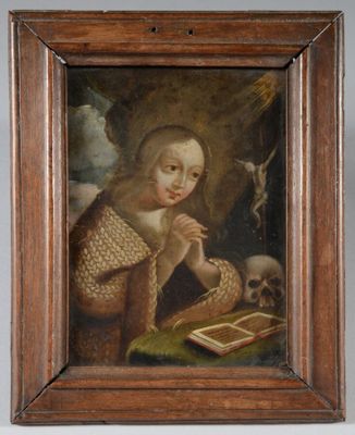 un vieux tableau représentant une femme en train de lire un livre, avec un crâne en arrière-plan