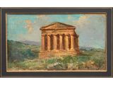 an oil painting of a greek temple on a hill