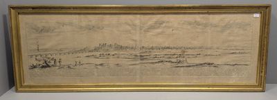 un dessin représentant un bateau sur un plan d'eau, avec une montagne en arrière-plan
