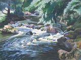a painting of a river running through a forest