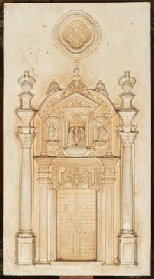 un vieux dessin représentant un bâtiment avec des colonnes et une horloge