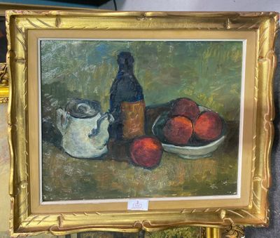a painting of a still life with apples and a bottle
