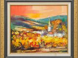 an oil painting of a church on a hill with trees in the foreground