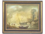 an oil painting of a boat in a body of water with a castle in the background