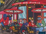 a painting of a group of people sitting outside of a cafe