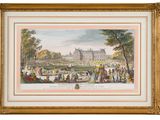 a painting of a park scene with people sitting and walking around