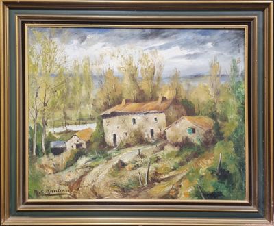 an oil painting of a farm scene with a dirt road in the foreground
