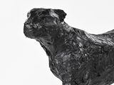 black and white photograph of a statue of a dog on a pedestal