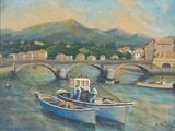 une peinture représentant un bateau sur l'eau, avec un pont en arrière-plan