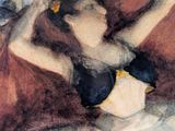 a painting of a woman in a bikini laying on a bed