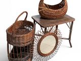 two baskets and a table with a mirror on it