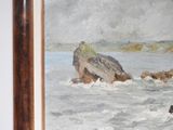 a picture of a painting of a dog in the water