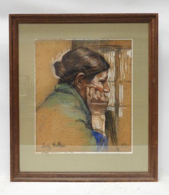 painting of a woman looking out a window in a brown frame