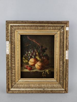 une peinture à l'huile représentant une nature morte avec des fruits sur une table