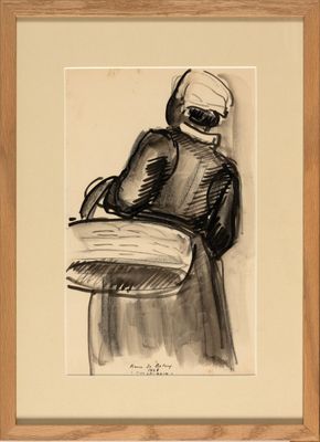 drawing of a woman with a basket of food in her hand