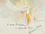 a watercolor painting of a woman walking on the beach holding an umbrella