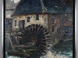 an oil painting of a water wheel in front of a building