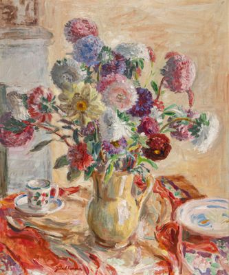 a painting of flowers in a vase on a table