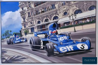 a painting of a blue race car driving down the street
