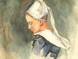 an image of a painting of a young girl in a bonnet