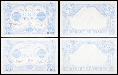 four different bank notes with blue and white designs on them