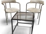 deux chaises et une table au plateau en verre, sur fond blanc