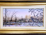 an oil painting of a river scene with trees in the foreground