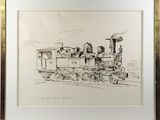 un dessin représentant un train, exposé dans un cadre doré