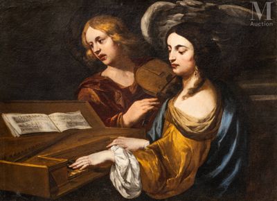 painting of two women playing a musical instrument in front of a piano