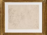 a drawing of a landscape with trees and bushes in a gold frame