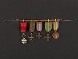 a group of medals hanging from a wooden stick on a black background