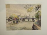 a watercolor painting of a bridge over a river