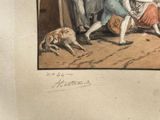 a drawing of a man and a woman standing in front of a dog