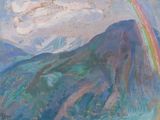 un tableau représentant une montagne avec un arc-en-ciel dans le ciel