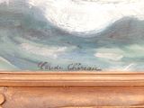 an oil painting of a boat in the ocean with a wave coming in
