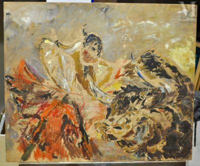 un tableau représentant une femme et un taureau posé sur une table