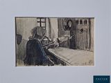 drawing of a woman sitting at a table with a cat in her lap